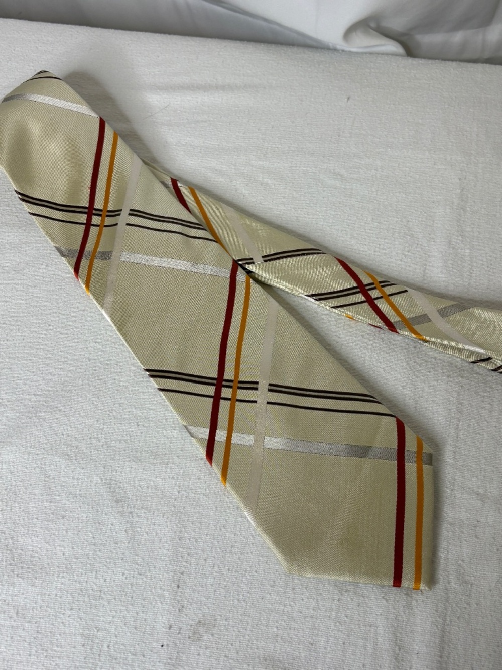 Vintage BJ Tie 100% Silk Red Cream Brown Orange Diagonal Repp Stripe